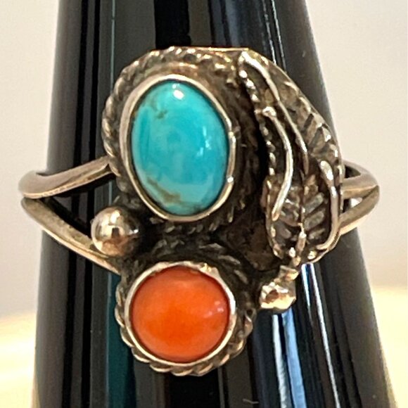 Vtg Navajo Tribal Sterling Silver Turquoise Coral Leaf Ring Southwestern Sz 6.5 - Picture 3 of 10